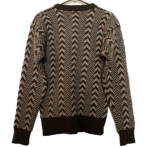 Vintage 100% Wool Shetland Sweater Women Medium Brown Tan Chevron Intarsia 70s - Picture 2 of 12